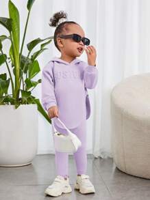 SHEIN 嬰兒女孩休閒字母凸起連帽長袖上衣搭配褲子套裝 - 紫色 - 查看 4