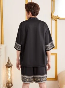 SHEIN Teen Boy Casual Loose-Fit Geometric Pattern Cardigan And Shorts Set - Multicolor - View 4