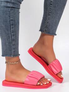 女士平底涼鞋,有摺疊設計的舒適懶人鞋,防滑純色開放式鞋頭,休閒沙灘拖鞋 - 玫紅色 - 查看 5