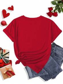 SHEIN LUNE Plus Size Loose Fit Round Neck Short Sleeve Heart Print Casual Women T-Shirt - Red - View 2