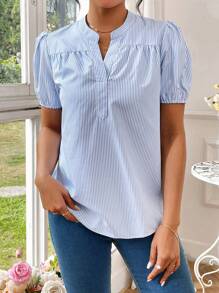 EMERY ROSE Puff Short Sleeve Striped Blouse With Notched Collar - Blue - View 5