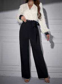 Zolique Contrast Color Fringe Wrap Tie Waist Jumpsuit - Apricot - View 3