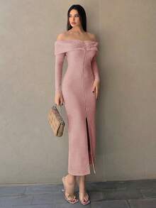 SHEIN Essnce Women's Plush Patchwork Off Shoulder Zipper Front Dress - Baby Pink - View 3