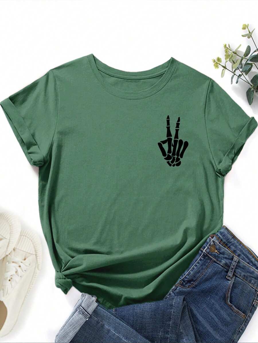 INAWLY Skeleton Hand Print Tee - Dark Green - View 1
