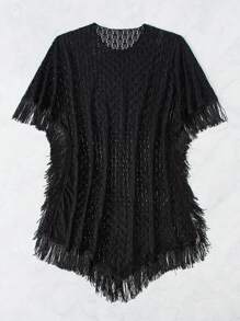 SHEIN Swim Solid Color Knitted Hollow Out Fringe Decor Cover-Up Music Festival Summer - Black - View 6