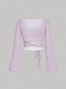 SHEIN MOD 女式薰衣草色交叉包裝透明網眼上衣,透視風格 - 淡紫色 - 查看 2