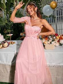 Glamaker Women'S One Shoulder Jacquard Mesh Dress - Pink - View 5