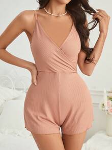 Women's Cami Ribbed Romper Pajamas With Wrap Design And Shorts - Dusty Pink - View 5