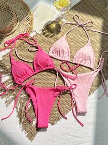 Swim Mod Summer Beach 2 Sets Women's Ribbed Halterneck Separated Bikini Set - Multicolor - View 2