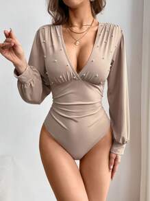 SHEIN Privé Của phụ nữ Trân châu & Trang trí hạt Cổ chữ V sâu Tay áo lồng đèn Áo liền quần chặt - Màu be - Xem 5