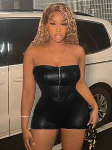 Slaydiva Music Festival Bandeau Bra Sleeveless Off Shoulder Center Front Zip Black PU Leather Jumpsuit Women's Leggings Jumpsuit - Black - View 1