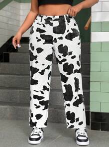 SHEIN EZwear 大碼奶牛印花直筒牛仔褲 - 黑與白 - 查看 3
