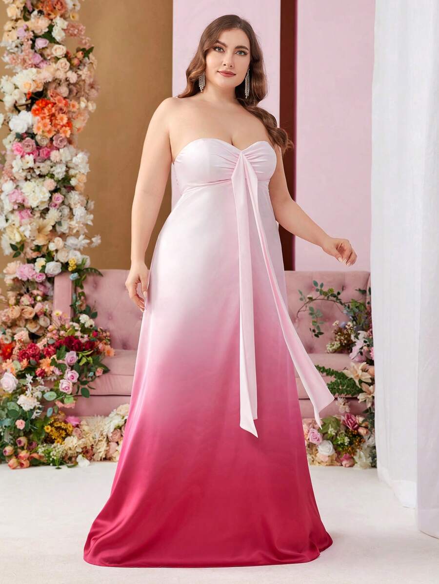 SHEIN Belle 大尺碼漸變褶皺胸無肩帶伴娘禮服 - 彩色 - 查看 1