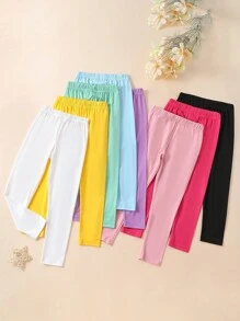 SHEIN 8pcs Young Girls' Simple Solid Color Stretchy High Waisted Long Leggings