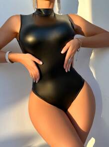 Allurite Women's Backless Stand Collar Bodysuit - Black - View 2