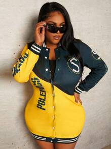 Slaydiva Kích thước lớn Khối màu Lá thư In Áo khoác - Nhiều màu - Xem 2