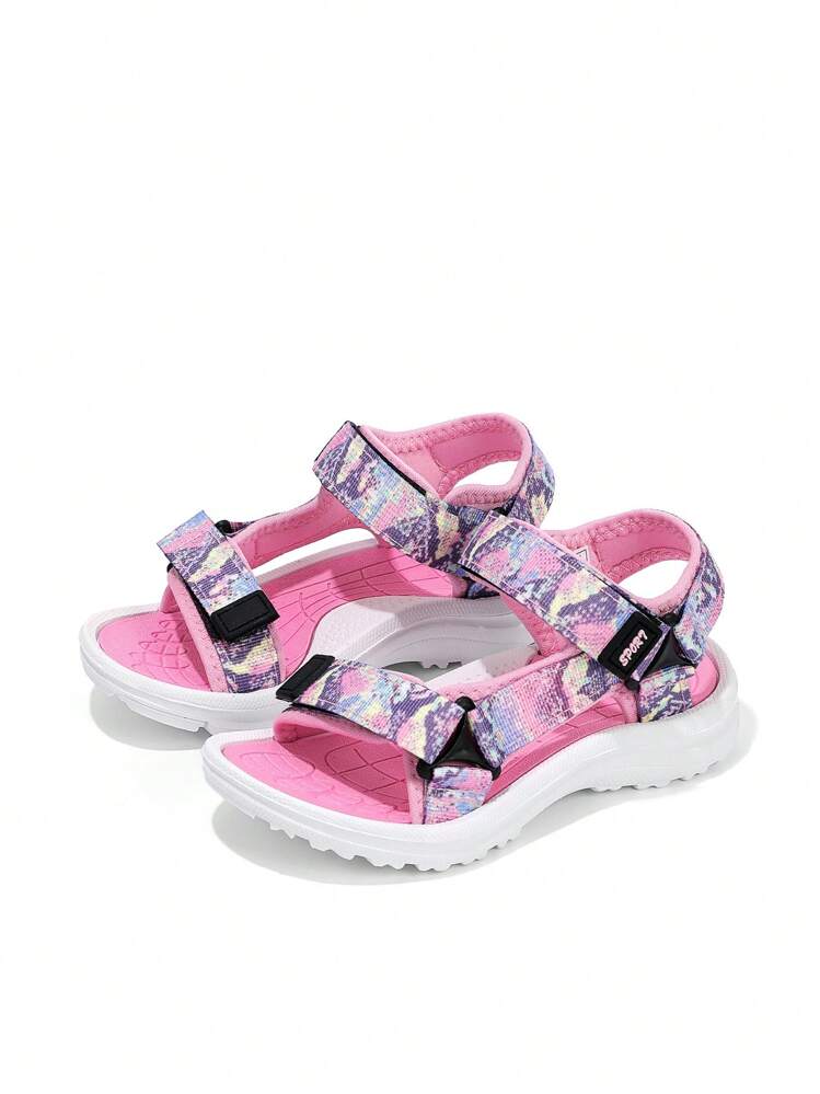 1 Pair Kids/Girls Classic Camouflage Webbing Fresh Color Teenage Beach Sandals, Double Adjustable Hook And Loop Strap, Anti-Slip Durable Sole, Versatile Fashion, Suitable For Daily Wear, Holidays, Valentine's Day, Casual Summer Sandals - Multicolor - View 5