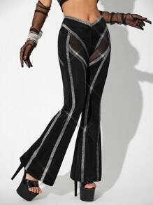 SHEIN ICON Của phụ nữ Màu bạc Lưới trong suốt Siêu Tăng thấp Thon gọn Quần loe - màu đen - Xem 3