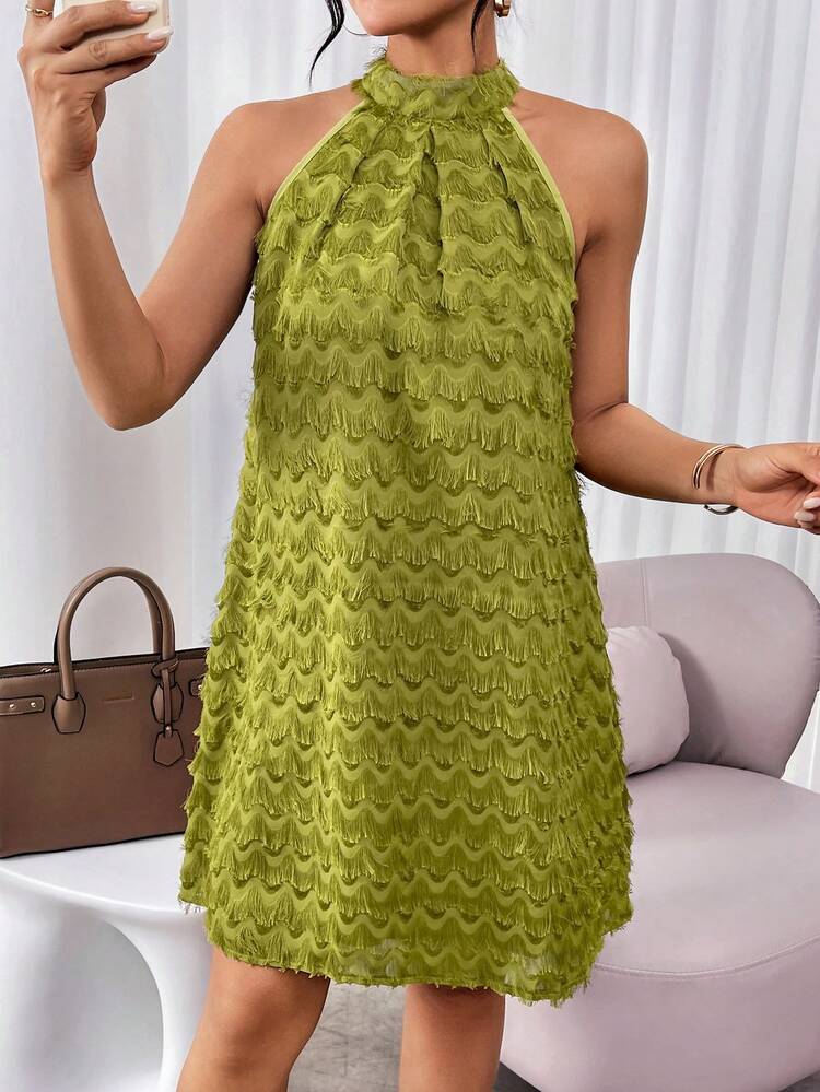 Women's Sleeveless Fringe Trim Halter Neck Dress