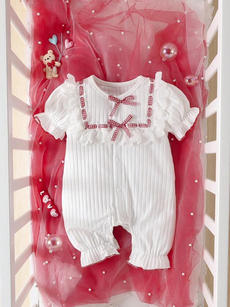 Baby Girl Summer Lightweight Short Sleeve Jumpsuit With Bow Decoration