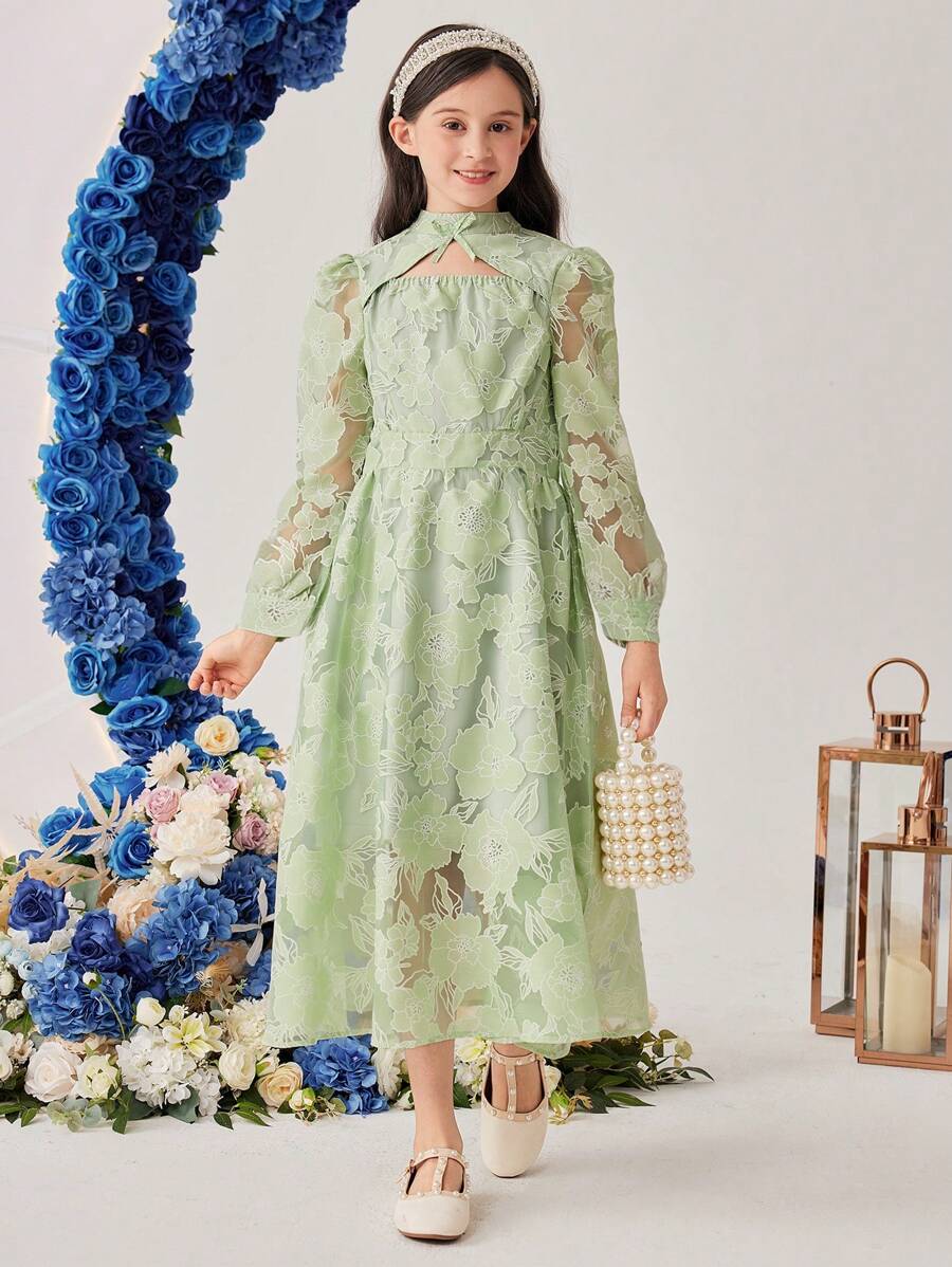 Tween Girl Floral Jacquard Cutout Front Dress Eid Dress - Green - View 1