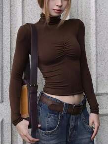 SHEIN EZwear This Week Turtleneck Long Sleeve T-shirt - Coffee Brown - View 1