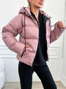 EURMUSE Women'S Solid Color Hooded Short Padded Jacket With Zipper - Baby Pink - View 6