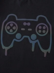 SHEIN Young Boy Game Console Printed Short Sleeve T-Shirt And Shorts Set With Hat, School, Campus, College - Black - View 6