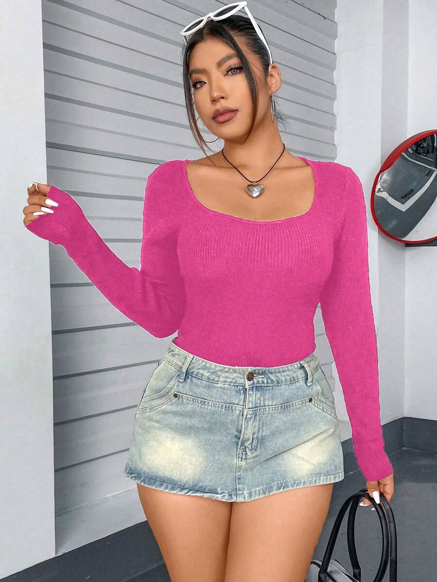 Flirla Plus Size Solid Color Ribbed Knit Pullover Sweater Knit Pullover Fall Winter - Hot Pink - View 1