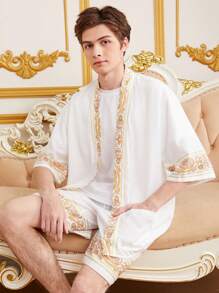 SHEIN 青少年男孩風格印花開襟衫和短褲套裝 - 白色 - 查看 6