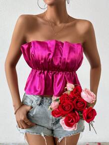 SHEIN Unity Màu thuần Xếp li Áo không dây - Màu Hồng Tươi - Xem 4