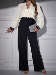 Zolique Contrast Color Fringe Wrap Tie Waist Jumpsuit - Apricot - View 5