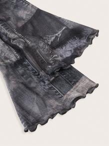 SHEIN ICON 大碼仿丹寧打樣拼接印花立領喇叭袖連衣裙 - 灰色 - 查看 4
