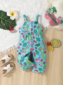 舒適可愛的嬰兒女孩火烈鳥印花波浪條紋紋理短袖連體裝 - 彩色 - 查看 1