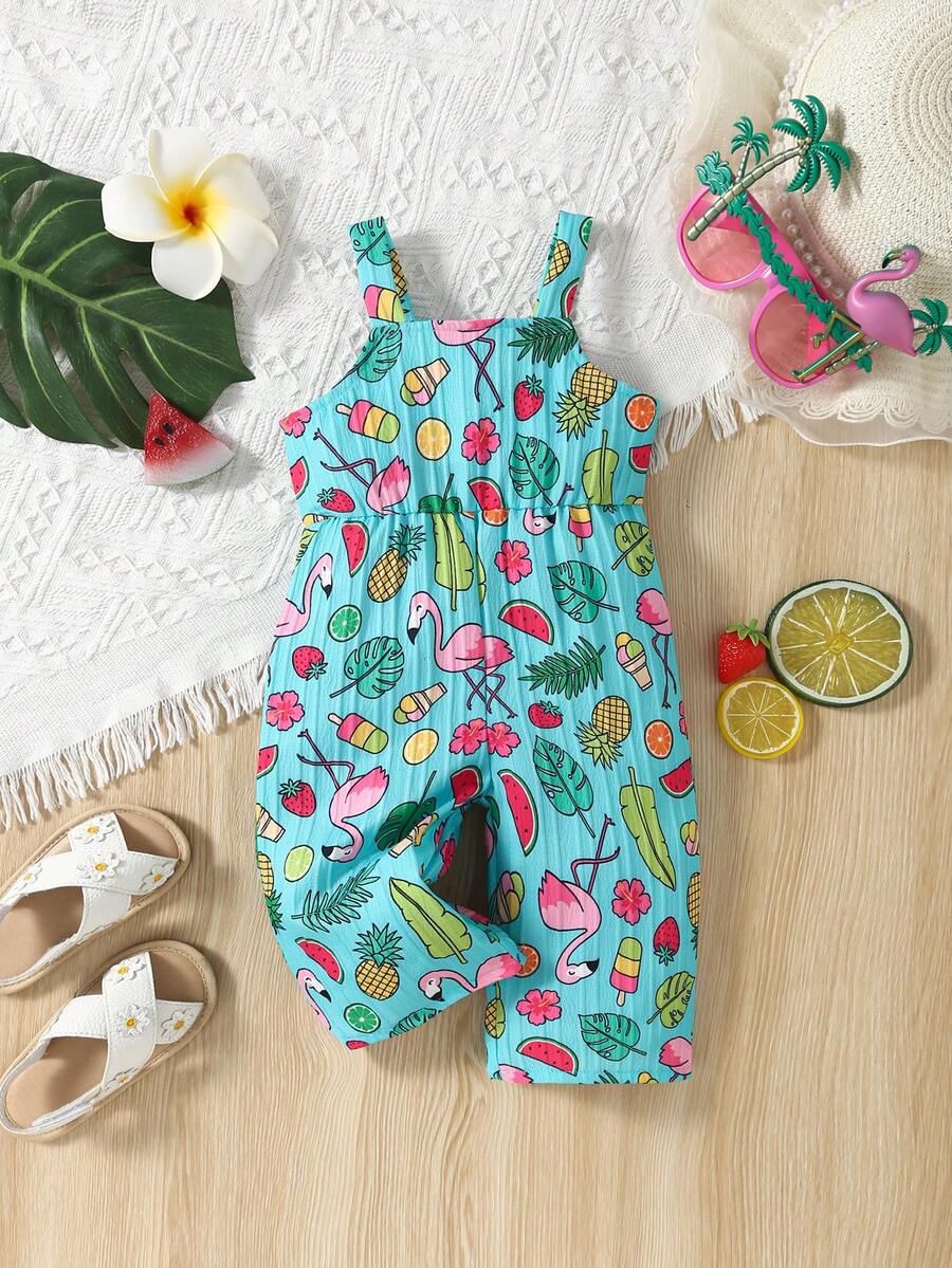 舒適可愛的嬰兒女孩火烈鳥印花波浪條紋紋理短袖連體裝 - 彩色 - 查看 1