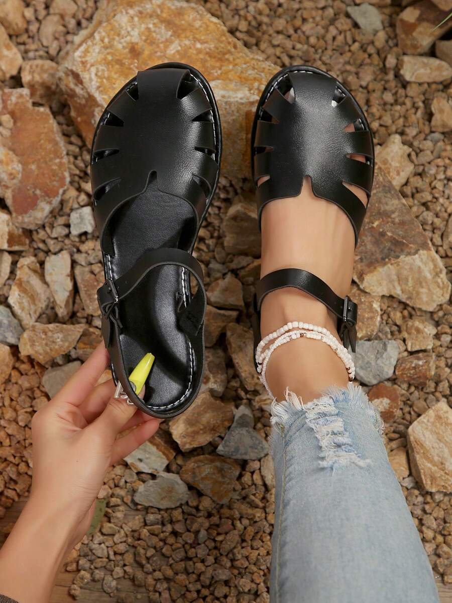 大尺碼女士平底涼鞋,配有豬籠扣,開放式腳趾 - 黑色 - 查看 1