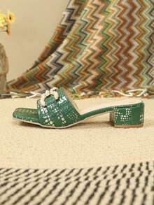 女士时尚高跟绿色日常凉鞋，带绑带和金属细节 - 綠色 - 查看 7