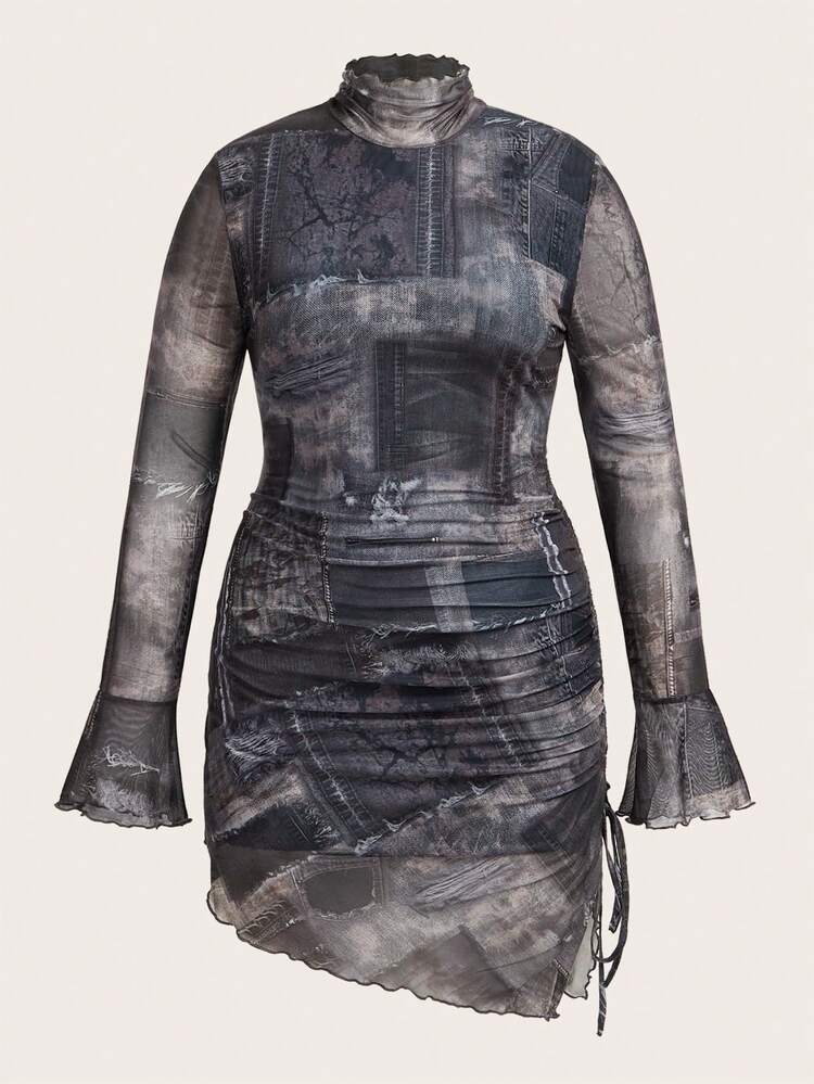 Plus Size Denim Effect Patchwork Print Stand Collar Bell Sleeve Dress