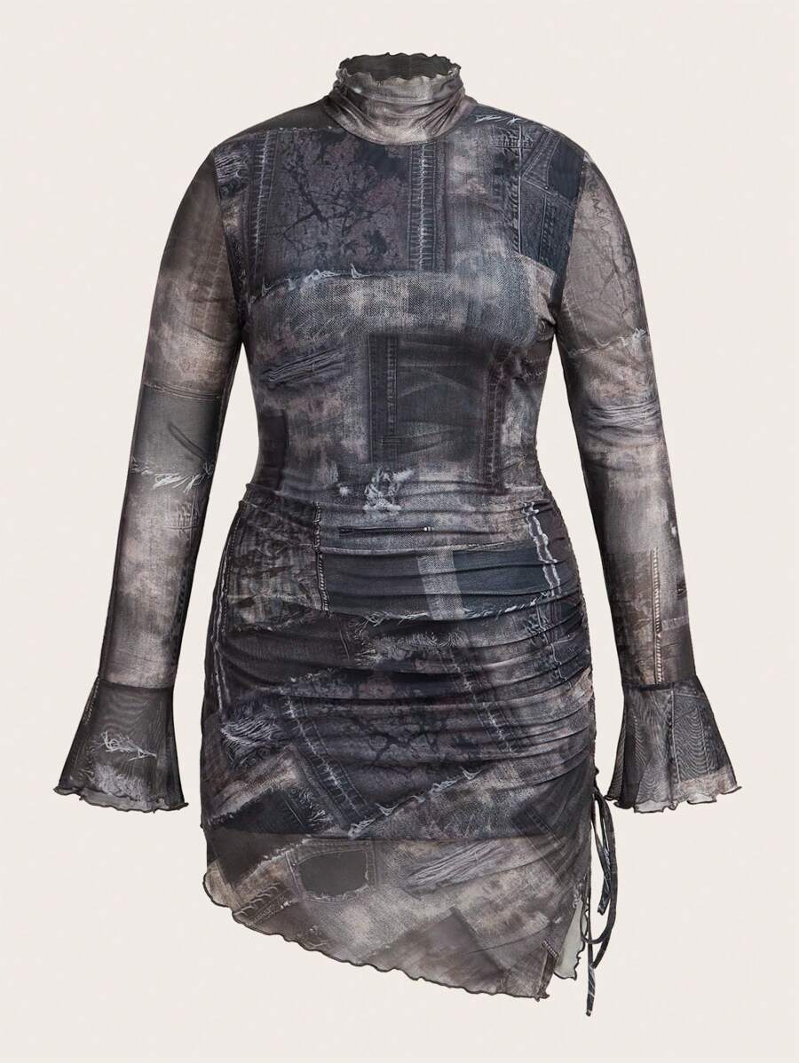 SHEIN ICON 大碼仿丹寧打樣拼接印花立領喇叭袖連衣裙 - 灰色 - 查看 1