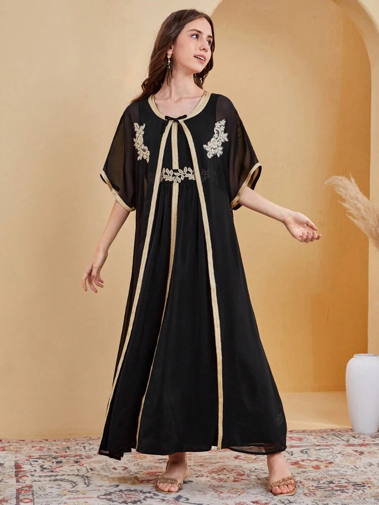 Teen Girls' Elegant Golden Floral Decoration Front Open Sleeveless Dress With Long Coat Set