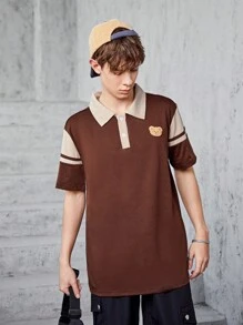 Teenagers (Male) Contrast Color Bear Embroidered Button Half Cardigan Polo Shirt - Multicolor - View 4