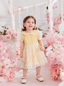 Baby Girl Summer Cute Peter Pan Collar Short Sleeve Mesh Dress - Yellow - View 6