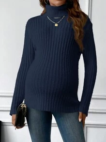 SHEIN Maternity High Neck Long Sleeve Sweater, For Winter - Navy Blue - View 3