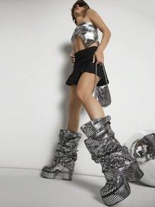 SHUZIA Botas de plataforma media altura con diseño elegante y brillos plateados para mujer, nuevos regalos para Año Nuevo, Día de los Enamorados, zapatos de verano para el Día de San Valentín