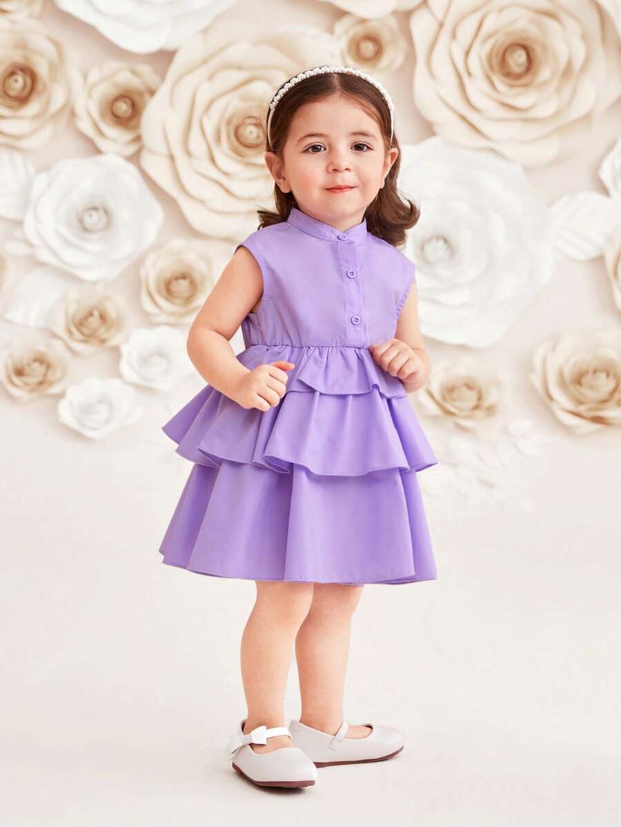SHEIN Baby Girl Casual Solid Color Stand Collar Sleeveless Multi-Layered Ruffled Hem Dress - Purple - View 1