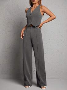 SHEIN PETITE Women's Single Breasted Suit Vest And Pants Set - Light Grey - View 1