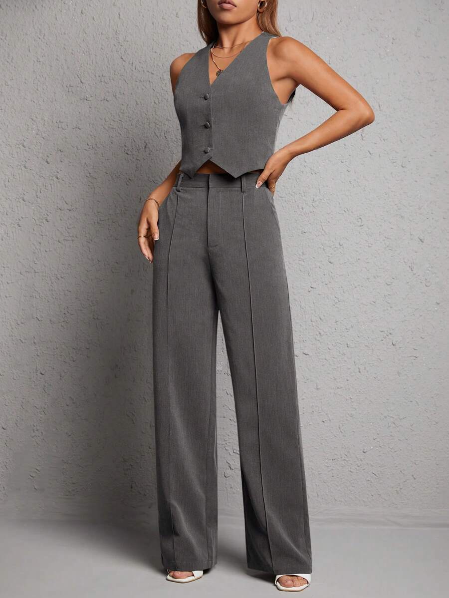 SHEIN PETITE Women's Single Breasted Suit Vest And Pants Set - Light Grey - View 1