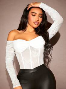 SHEIN SXY Damen Off-shoulder Floral Mesh Body - Weiss - Übersicht 5
