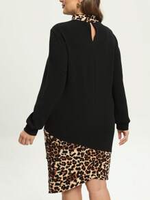 SHEIN LUNE Plus Size Leopard Print Half Turtleneck Long Sleeve Dress - Black - View 2