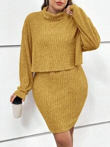 SHEIN Essnce Plus Size Women's High Neck Drop Shoulder Long Sleeve T-Shirt And Cami Dress Set - Ginger - View 1